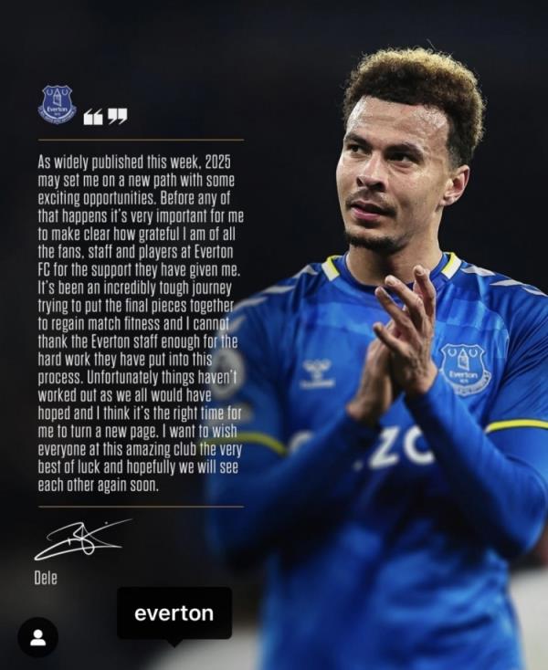 阿里告別埃弗頓：是時(shí)候開始新篇章了，感謝所有人對我的支持